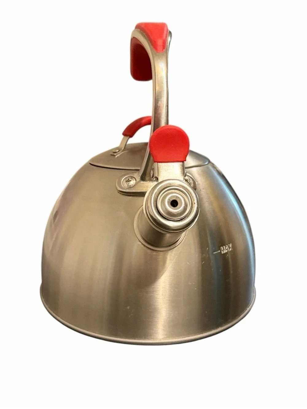Masterclass Brushed Stainless Steel Whistling Tea Kettle Red Ergo Handles